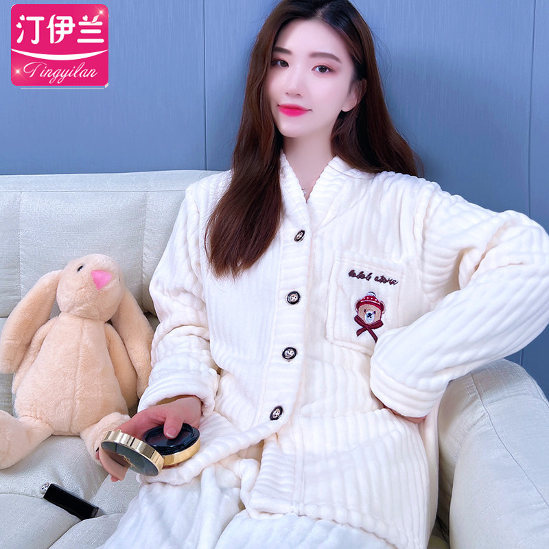 Cute Sleeping Dress Woman Thickened Flannel Spring Autumn Winter Long Sleeve Suit Home Conserved Coral Suede Korean Version Fashion-Taobao