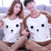 Cartoon couple pajamas padded flannel set home clothes men and women coral velvet autumn and winter long sleeve warm plus size