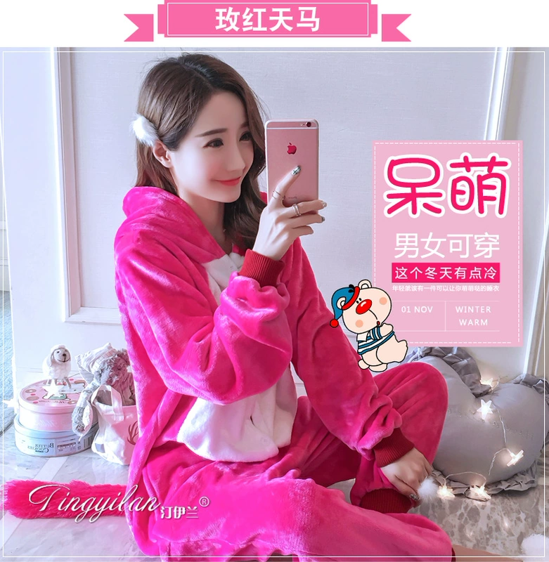 Flannel phim hoạt hình một bộ đồ ngủ nam và nữ mùa thu đông dày khủng long Pikachu bộ đồ ngủ động vật cặp đôi dịch vụ nhà đồ bộ nữ mặc nhà