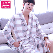 Nightgown Bathrobe Mens pajamas Autumn home clothes thickened flannel coral velvet Spring and autumn and winter long-sleeved plaid casual