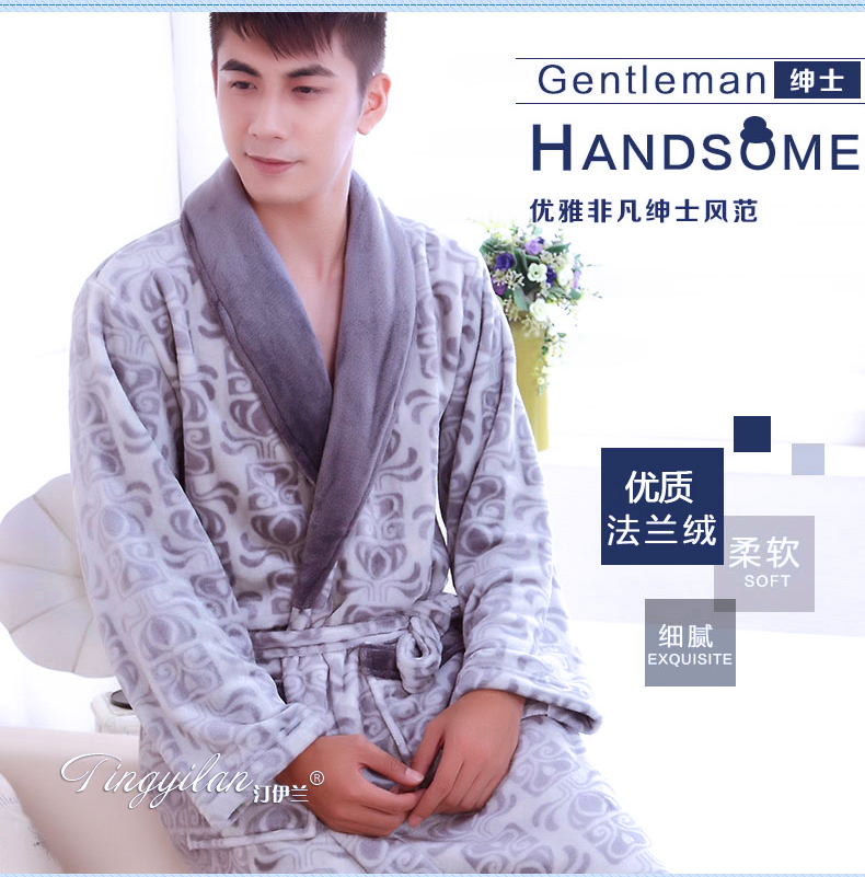 Dày nam nhung san hô áo choàng mặc đồ ngủ flannel áo choàng áo choàng tắm tracksuit Các mùa thu và mùa đông cộng với nhung XL bộ đồ ngủ 2 dây