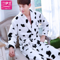 Nightgown pajamas men thickened flannel autumn and winter long-sleeved bathrobe Home clothes Women coral velvet couple cow yukata