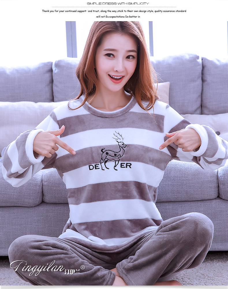 Bộ đồ ngủ nữ bằng vải nhung san hô dày mùa thu và cổ tròn ngọt ngào dài tay dịch vụ tại nhà nữ dễ thương phiên bản tiếng Hàn của váy ngủ flannel đầm cotton