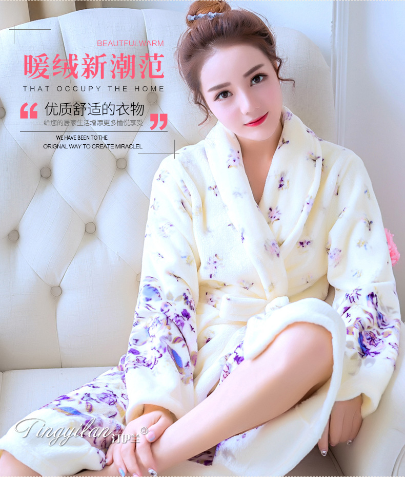 Của phụ nữ dày flannel áo choàng tắm mùa thu và mùa đông dài tay mùa thu và mùa đông san hô fleece dễ thương đồ ngủ rắn vàng