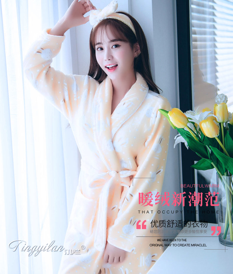 Của phụ nữ dày flannel áo choàng tắm mùa thu và mùa đông dài tay mùa thu và mùa đông san hô fleece dễ thương đồ ngủ rắn vàng