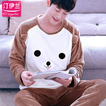 Pajamas men padded flannel long sleeves autumn and winter coral velvet autumn set home clothing set cartoon spring and autumn
