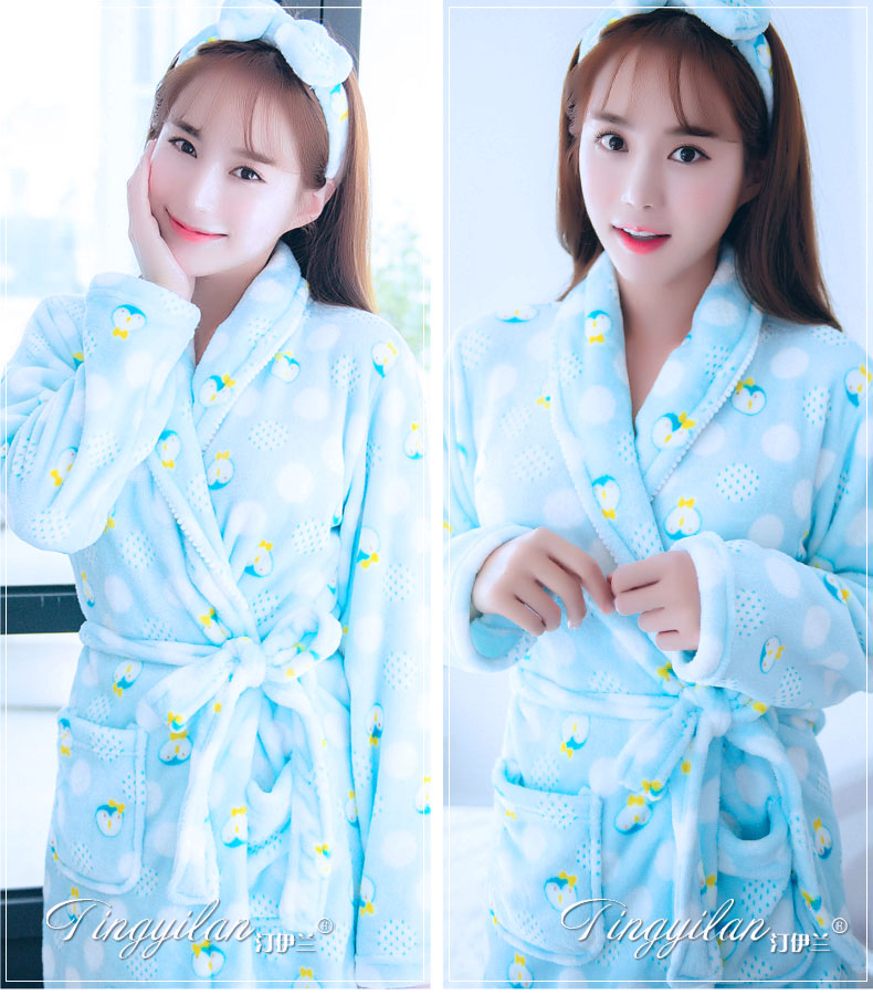 Của phụ nữ dày flannel áo choàng tắm mùa thu và mùa đông dài tay mùa thu và mùa đông san hô fleece dễ thương đồ ngủ rắn vàng