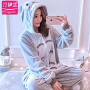 Bộ đồ ngủ Chinchilla Nữ Phim hoạt hình Xiêm Set Dịch vụ tại nhà Mùa thu dài tay Mùa thu và mùa đông dày Flannel Coral Lông cừu Dễ thương - Bộ Pajama