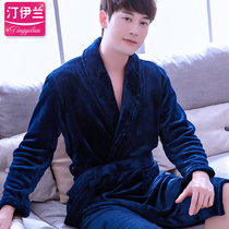 Ting Yilan robe male thick flannel autumn and winter long sleeve home clothing Tibetan green bathrobe coral velvet bathrobe pajamas