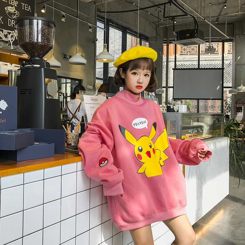 Mùa thu và mùa đông Hàn Quốc ulzzang Harajuku bf gió phim hoạt hình Pikachu dày người yêu thích áo len nam và nữ sinh viên áo khoác áo hoodie xám
