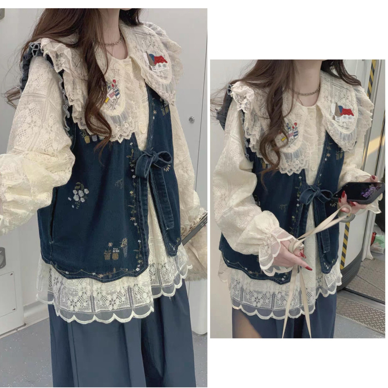 A Complete Set of Spring and Autumn Long-Sleeved Doll Collar Shirts, Sweet Lace Tops, Denim Vests, Loose Casual Suits for Women