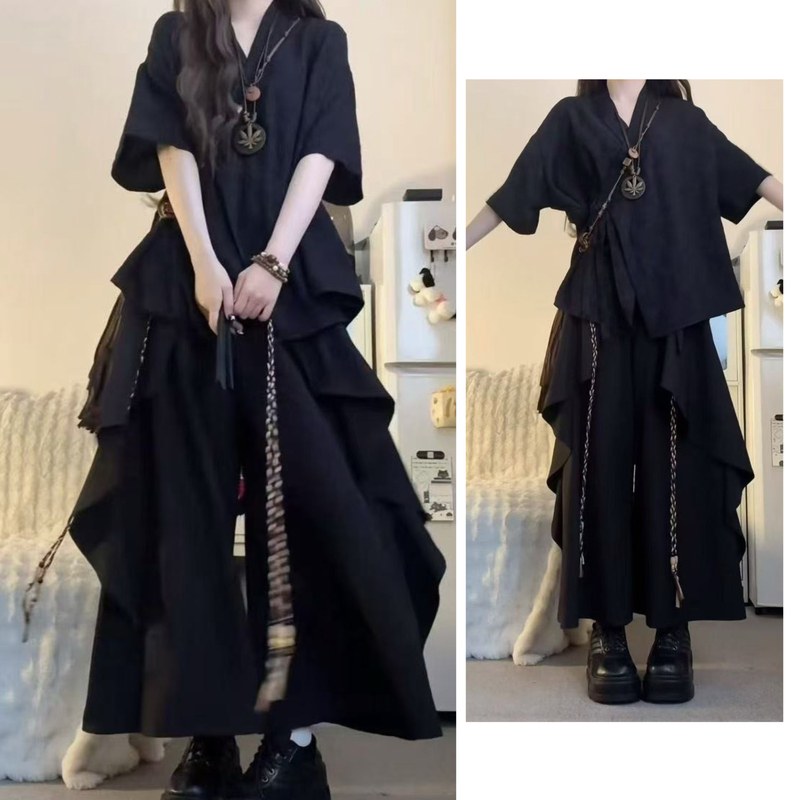 Wasteland Style Complete Set of New Summer Black Casual Pants Versatile Wide-Leg Pants Women's Pants Skirt Long Pants Cargo Pants Set