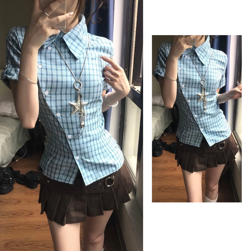 Suit for Women 2026 Summer New Style American Hot Girl Short-Sleeved Blue Plaid Shirt Top High-Waisted Pleated Skirt