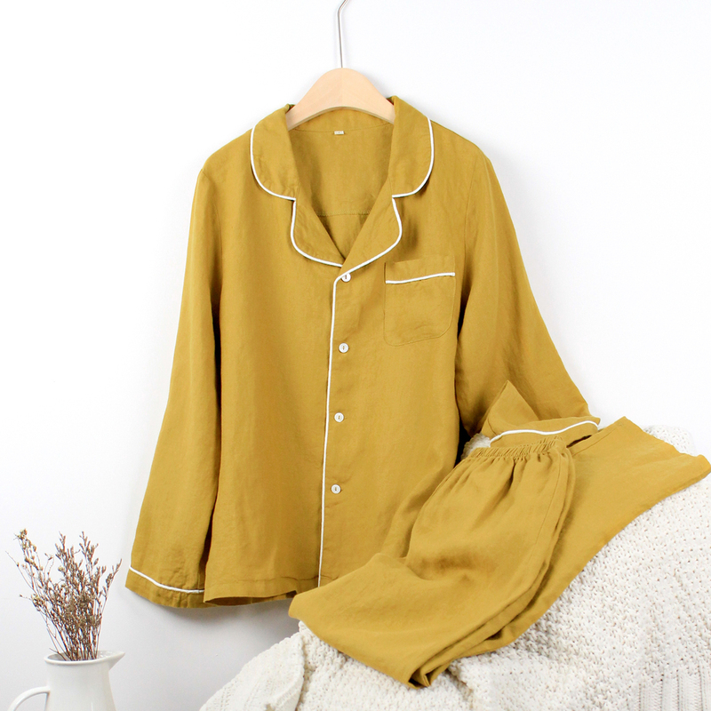 【Linen Homewear】Yellow-Gray Unisex Washed Long-Sleeve Pajama Set, Loose and Comfortable, Beautiful, Free Shipping
