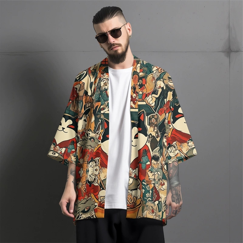 New Cat Print Cardigan Three-Quarter Sleeve Feather Woven Robe Kimono Summer Versatile Shawl Jacket Sun Protection for Men and Women