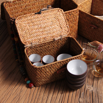 Tea set tea ceremony tea cup storage box bamboo hand-woven straw tea room portable home high-grade Japanese retro