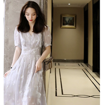 FYOG light luxury organza flower shiny three-dimensional embroidery peach heart V collar breasted bubble sleeve dress dress