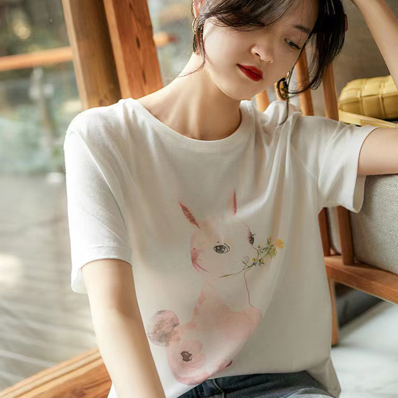 FYOG 2022 summer new base 100 hitch watercolor flower rabbit print temperament comfortable and soft short sleeve T-shirt