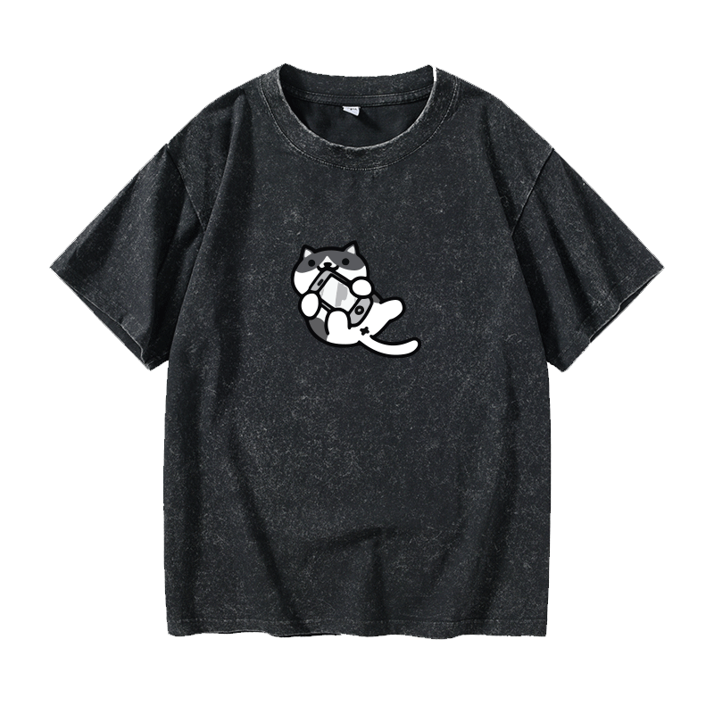 Cute samurai cat pattern T-shirt short sleeve black clothes