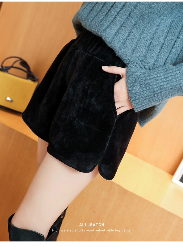 Quần short nữ mùa đông mặc ngoài mùa thu và nhung vàng 2018 mới quần size lớn là quần skinny đen rộng ống rộng cạp cao eo