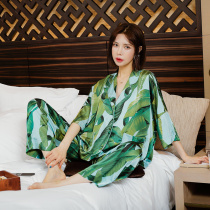 European and American fashion pajamas womens suit ice silk summer and autumn long-sleeved loose fat mm sexy cardigan home clothes can be worn outside