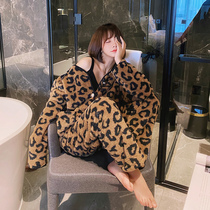 BAO WEN coral velvet pajamas womens autumn and winter sexy long robes thickened velvet warm Net red home clothing set Winter