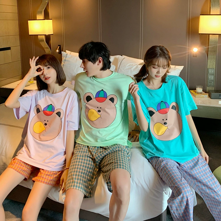 Cặp đôi hoạt hình dễ thương gấu bông pijama nữ mùa hè nam triều Hàn Quốc phong cách sinh viên cộng với kích thước bộ đồ phục vụ tại nhà - Cha mẹ và con