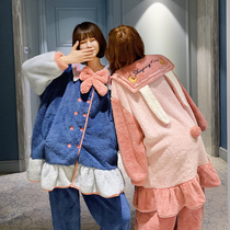 Cute Japanese coral velvet pajamas female autumn and winter flannel long sleeves warm and thick Korean version of home clothing winter student tide