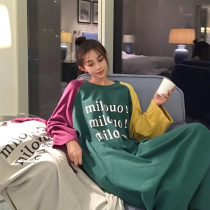  Long-sleeved night dress womens cotton long autumn and winter knee ins wind cute Japanese sweet loose fat mm pregnant women pajamas