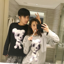  Pure cotton pajamas Korean version of the couple plaid loose men and women autumn and winter red small feet cute cartoon home service suit