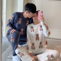 Bear cute couple pajamas mens winter plus velvet thick coral fleece warm Japanese home clothes autumn new ladies