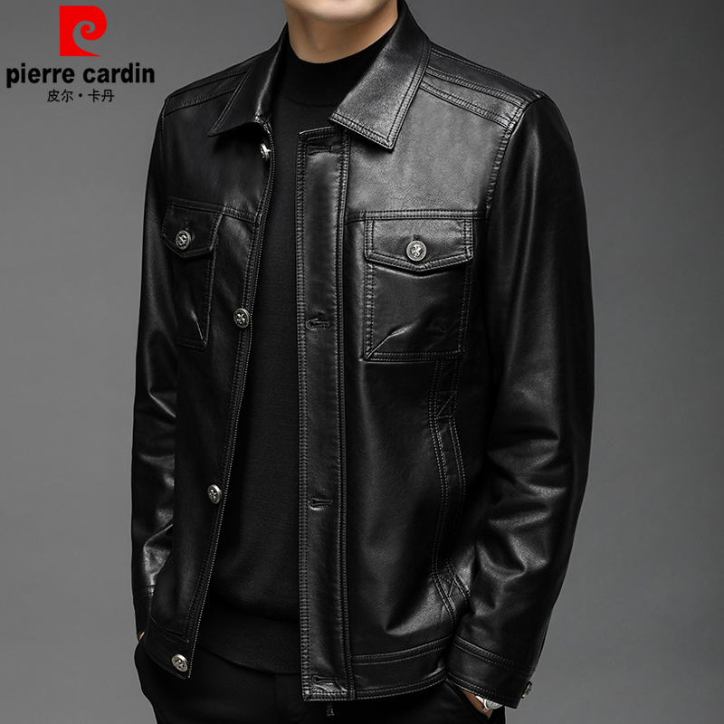 Pierre Carden leather jacket autumn and winter new Haining sheepskin middle-aged lapel casual motorcycle jacket