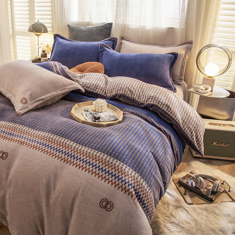 Four-piece winter coral fleece milk flannel double-sided fleece crystal fleece new cotton wool padded quilt cover sheet 4