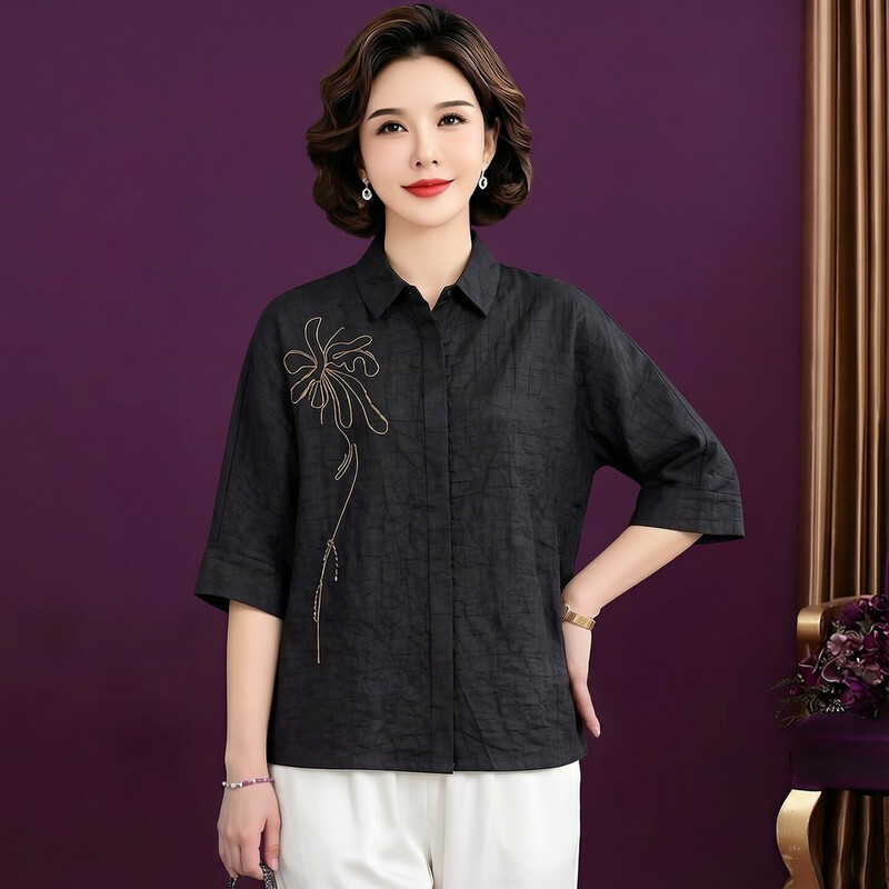 2026 Autumn New Xiangyun Silk Top Plus Size Mom's Clothing Loose Lapel New Chinese Style Embroidered Silk Shirt 2026 Autumn New Xiangyun Silk Top Plus Size Mom's Clothing Loose Lapel New Chinese Style Embroidered Silk Shirt
