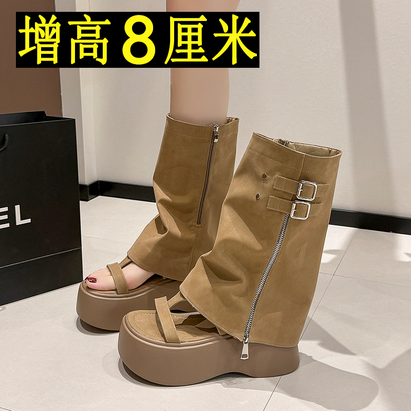 8cm Thick-Soled Booties for Women, 2026 Summer New Style, Height-Increasing Slouch Boots for Petite Women, Internet-Famous Two-Way Wear Roman Sandals