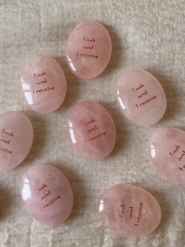 Original Design Model, "I Can Have Whatever I Want," Natural Pink Crystal Mindfulness Affirmation Palm Stone Meditation Stone