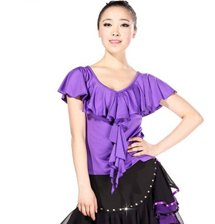 National standard modern dance clothes short-sleeved Latin dance top female adult social dance costume V-neck trumpet sleeve lotus leaf