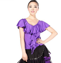 National standard modern dance dress short-sleeved Latin dance top Female adult ballroom dance clothing V-neck trumpet sleeve ruffle