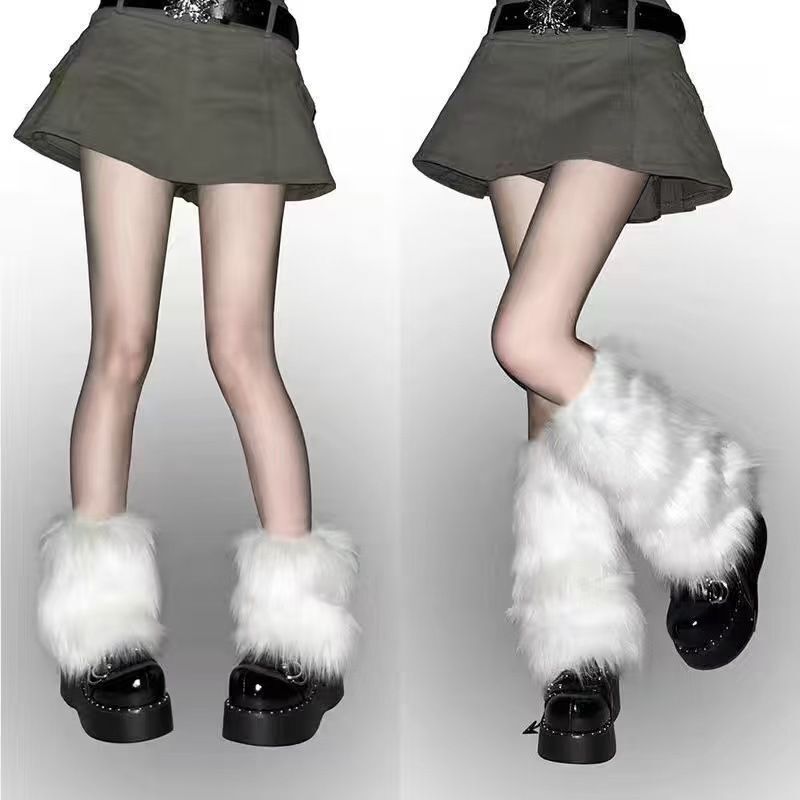 Faux Fur Rabbit Fur Leg Warmers Y2K Warm Thick Subculture Furry Sock Covers for Women Jk Autumn and Winter White Denim Style