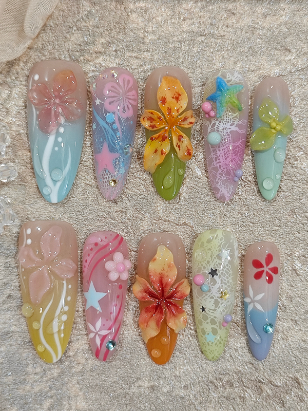 Millennial Dopamine Carved and Hand-Painted Macaron Nail Art with a High-End Luxury Feel, Handmade Wearable Nails