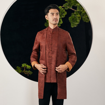 Young mulberry silk mens leisure medium long style incense cloud yarn blouses Chinese wind disc buckle Tang fit Spring summer season Zhongshan clothing