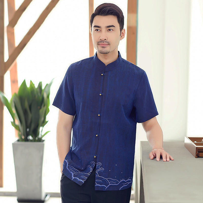Tang Assaults Family Middle Aged Tang Dress Male Summer Short Sleeve Chinese Genuine Silk Scents Cloud Yarn Casual Disc Buckle Upright Collar Embroidered Shirt