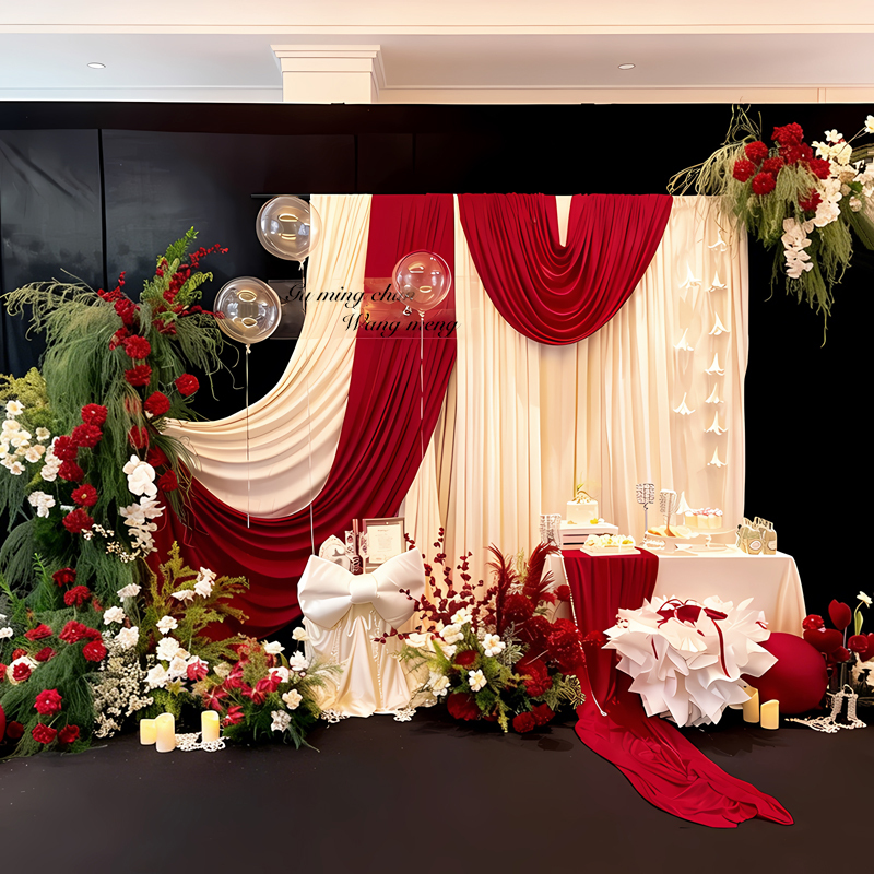 Korean-Style Instagram-Inspired Engagement Banquet Red and White Curtain Scene Decoration, High-End Minimalist Engagement Photo Backdrop