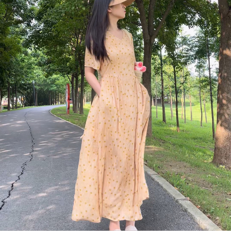 8818 # Cotton Silk Floral Dress, Summer French Style Waist-Cinching Slimming Long Dress 8818 # Cotton Silk Floral Dress, Summer French Style Waist-Cinching Slimming Long Dress