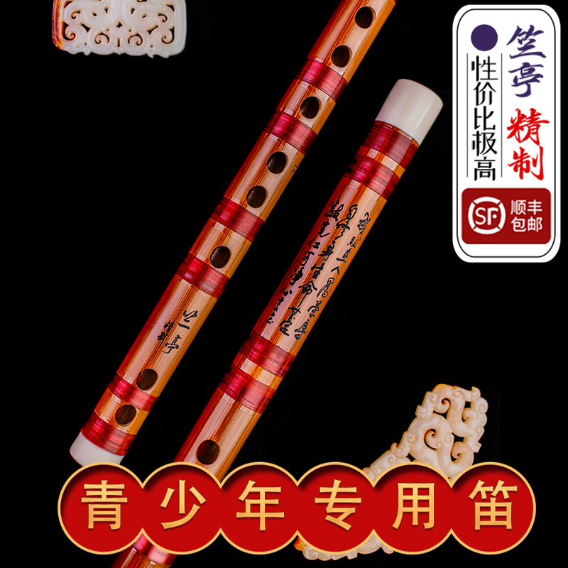 Zhu Ting Bamboo Flute, Premium Edition, Cdefg Key, Beginner's Introductory, Exam Preparation, Etc., Flute, Brown with Red Line, Whole Horn, Lan Ting