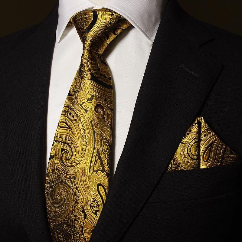 Ptah Atum Formal Tie, Silk Tie Three-Piece Set for Men, Gold Pattern Formal Business Wedding Tie