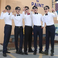 Синие брюки+длинная рубашка+черный воротник пятьдесят