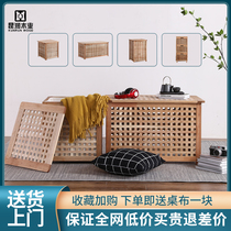 Nordic solid wood grid box Covered storage box Finishing can sit storage box Laundry basket Bedside table Bed and breakfast coffee table