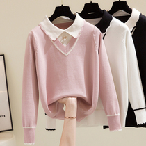 Large size womens knitwear winter fat sister sweater doll collar fake two skinny blouse age reduction knitted base shirt