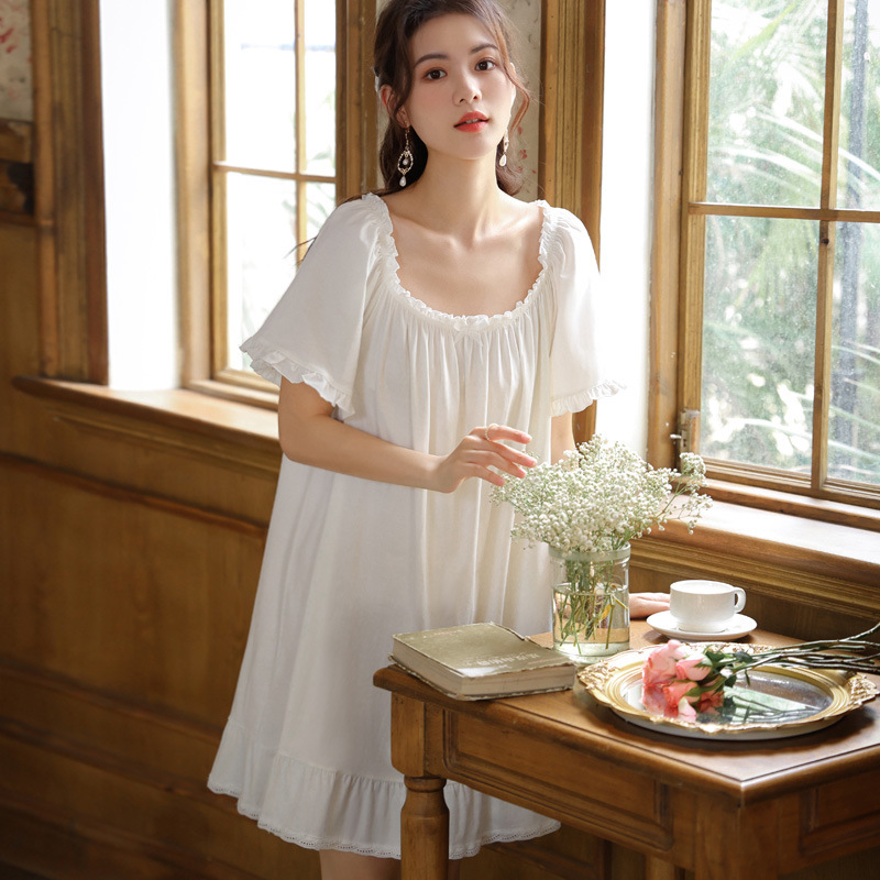 Nightgown for Women, Summer White Short Knitted Cotton, Palace Style, Loose Plus Size Pajamas, Cute Round Neck Princess Dress, Thin Sleeves
